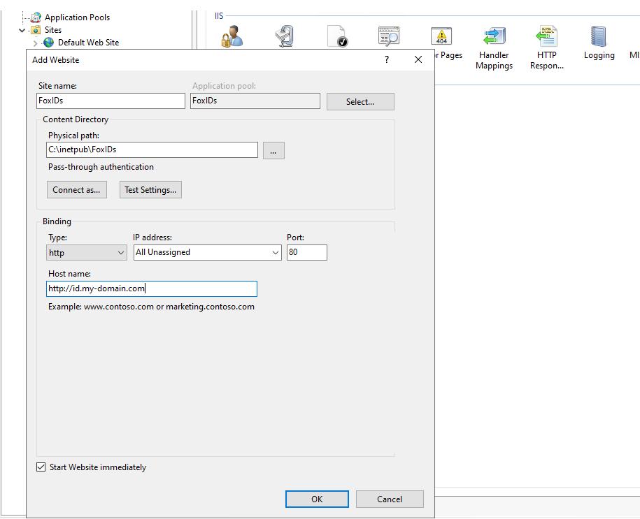 Windows Server with IIS - add the FoxIDs website