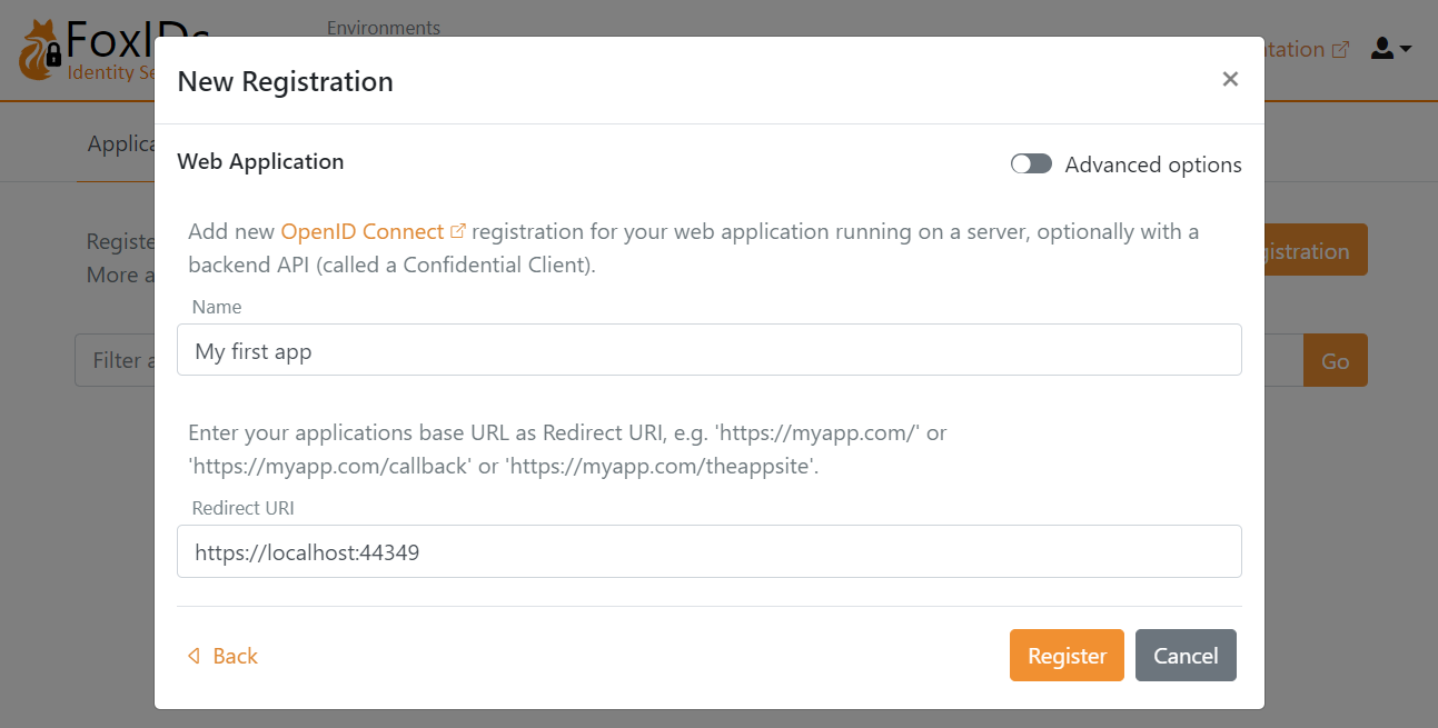 New app registration configuration