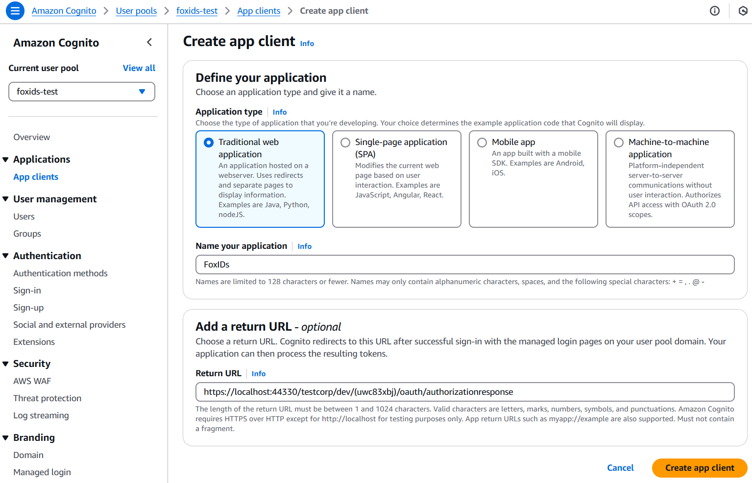 Create app client in Amazon Cognito