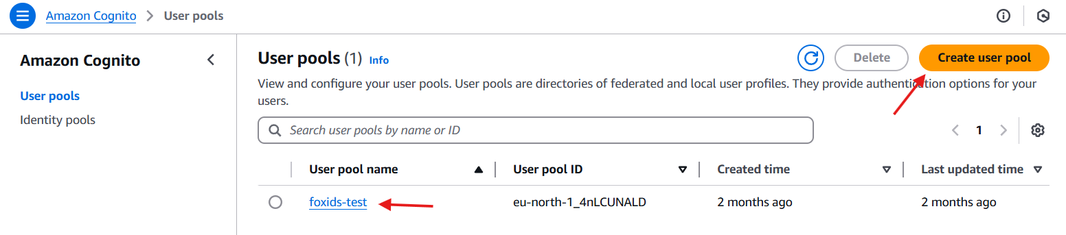 Select user pool in Amazon Cognito