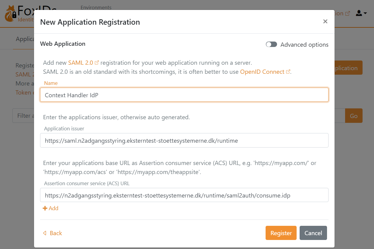 Context Handler SAML 2.0 application