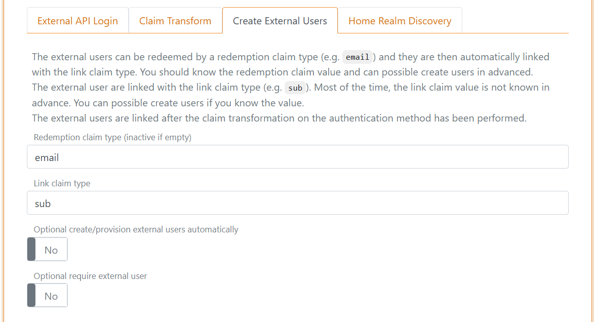 Authentication method, external user redemption